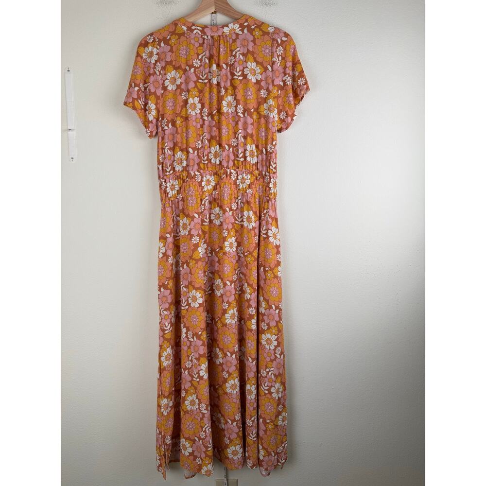 Marine Layer Annika Smocked Floral Midi Dress Amber Brown Medium - Picture 11 of 16